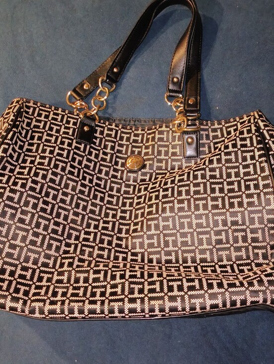 Tommy Hilfiger Handbags - Tommy Hilfiger Black and White Patterned Tote Handbag with Gold Accents